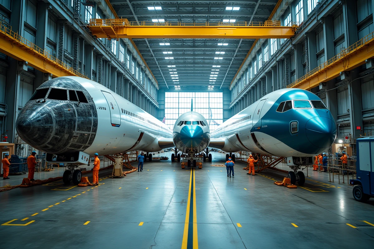 Usine d'assemblage d'avions commerciaux avec ouvriers et fuselages en cours de production dans un hangar industriel