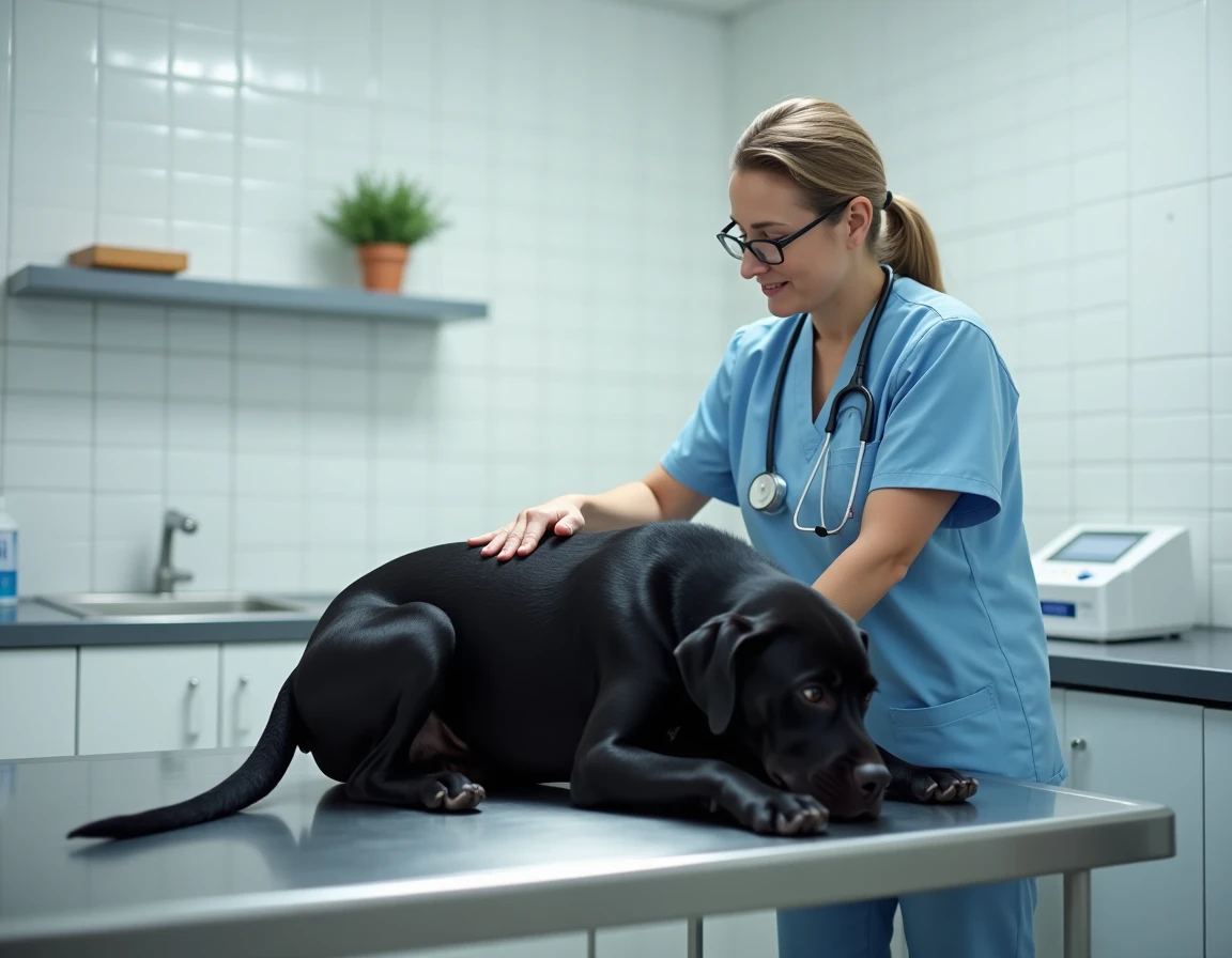 Vétérinaire examinant un labrador déprimé en consultation clinique pour dysthymie canine