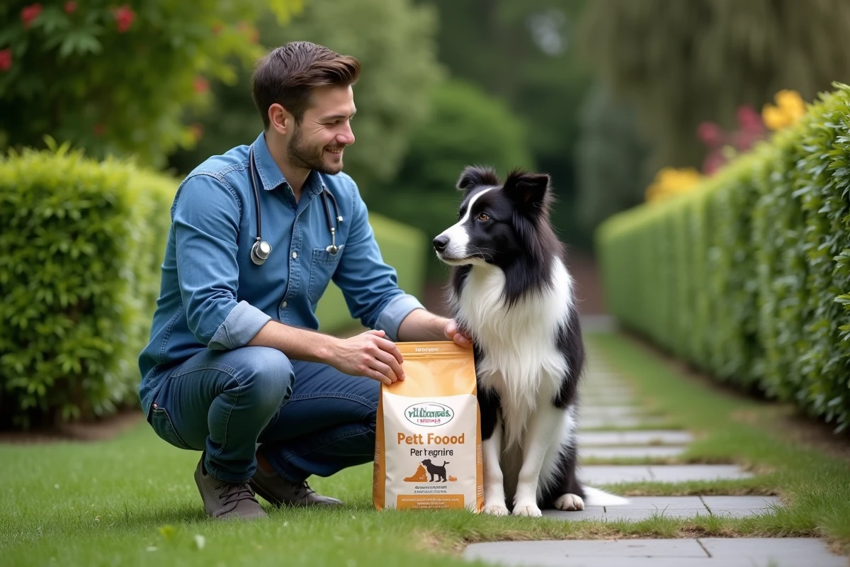 Vétérinaire homme avec chien dans un jardin